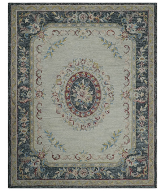 The Rug Decor Area Rug 8x10 Custom Made Beige and Charcoal Aubusson French design Hand Tufted wool Area Rug Custom Made Beige and Charcoal Aubusson French design Hand Tufted wool Area Rug