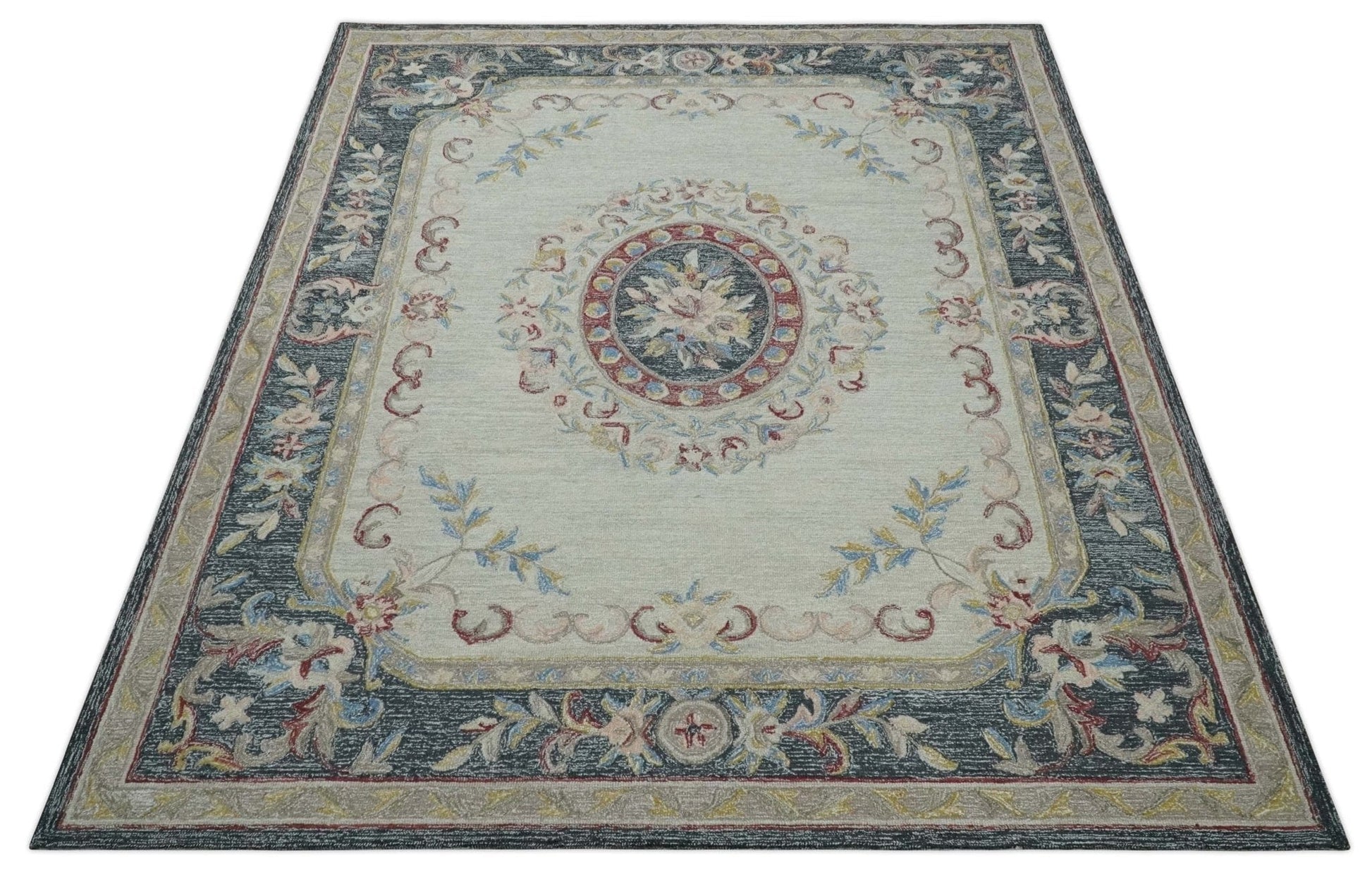 The Rug Decor Area Rug Custom Made Beige and Charcoal Aubusson French design Hand Tufted wool Area Rug Custom Made Beige and Charcoal Aubusson French design Hand Tufted wool Area Rug