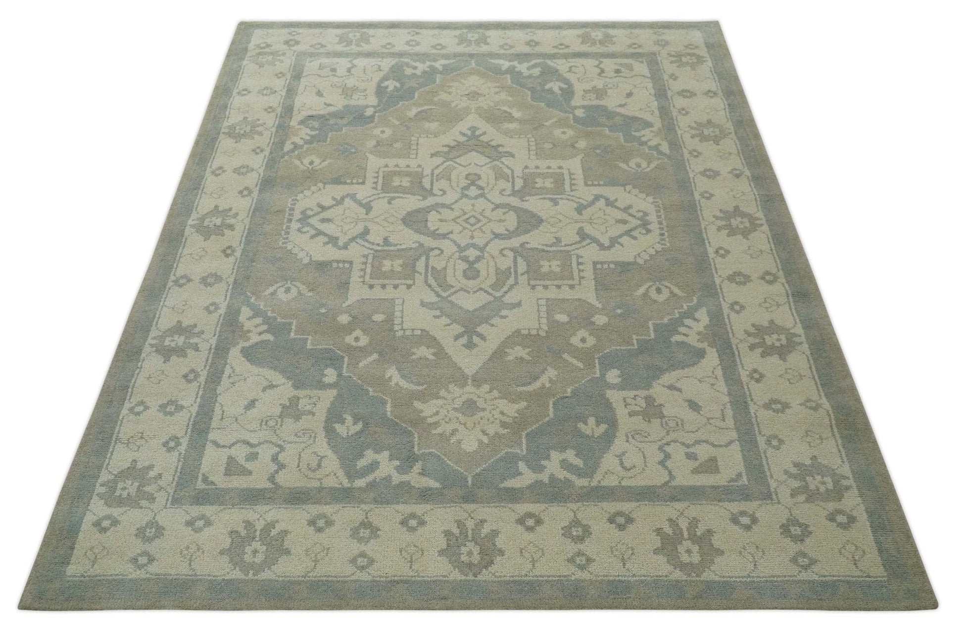 The Rug Decor Area Rug Custom Made Beige and Charcoal Traditional Heriz Medallion Hand Knotted wool Area Rug Custom Made Beige and Charcoal Traditional Heriz Medallion Hand Knotted wool Area Rug