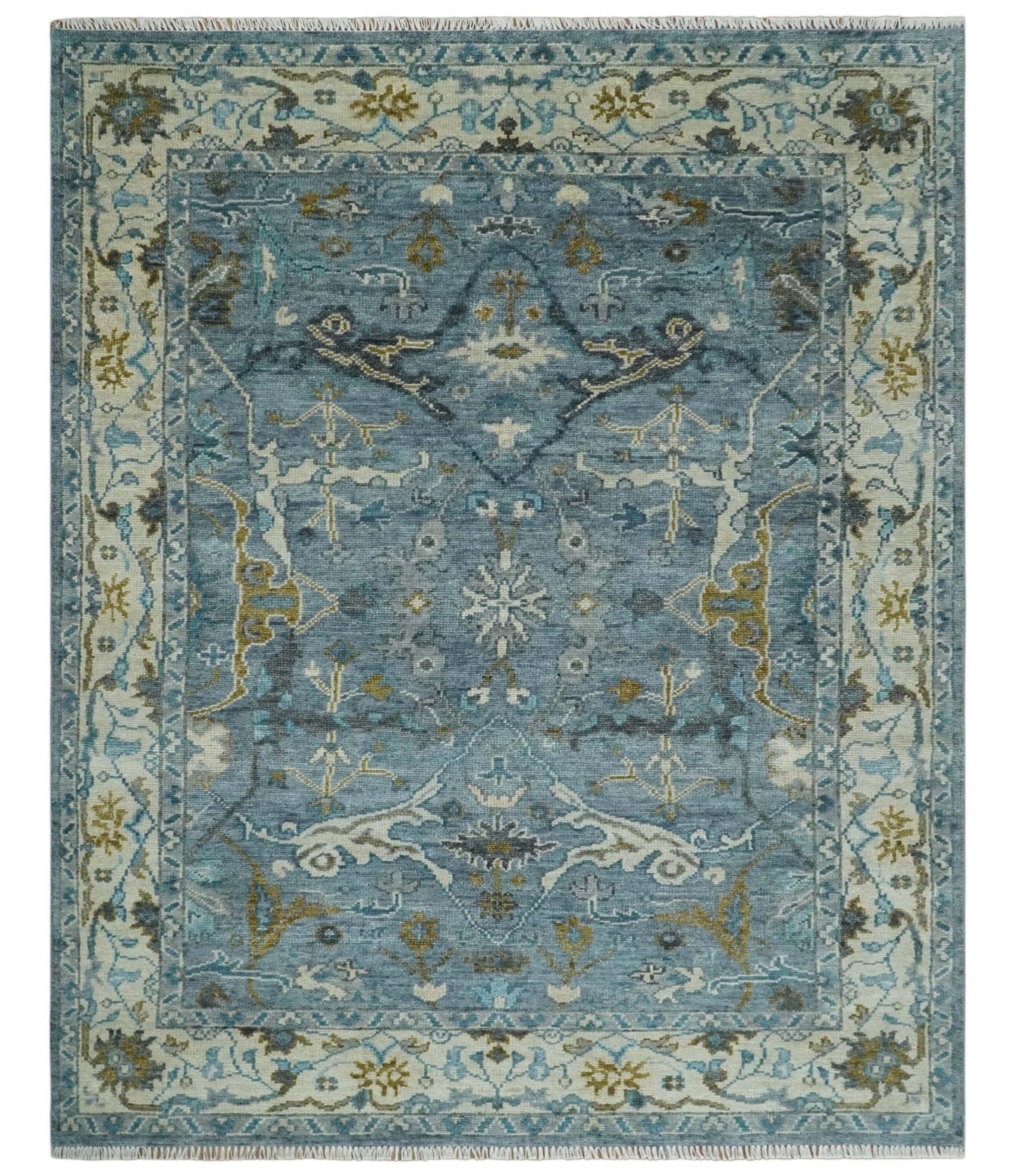 The Rug Decor Area Rug 8x10 Custom Made Blue and Ivory Antique Style Hand knotted Oriental Oushak wool Area Rug Custom Made Blue and Ivory Antique Style Hand knotted Oriental Oushak wool Area Rug