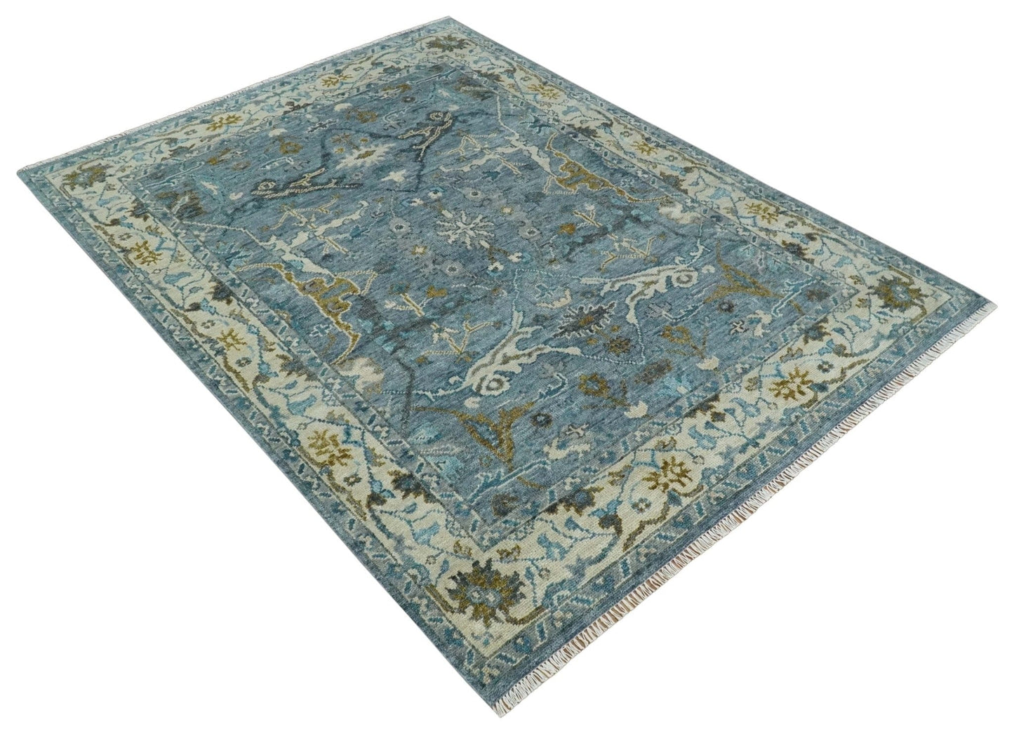 The Rug Decor Area Rug Custom Made Blue and Ivory Antique Style Hand knotted Oriental Oushak wool Area Rug Custom Made Blue and Ivory Antique Style Hand knotted Oriental Oushak wool Area Rug