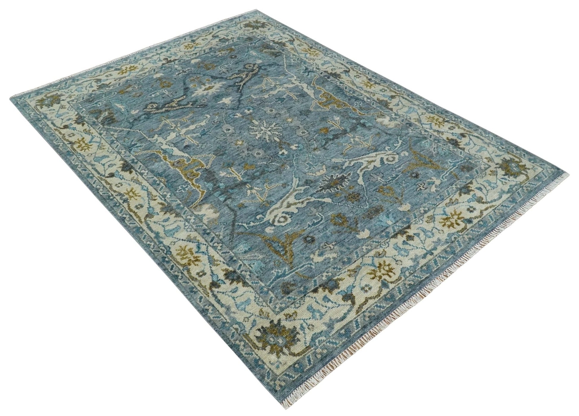 The Rug Decor Area Rug Custom Made Blue and Ivory Antique Style Hand knotted Oriental Oushak wool Area Rug Custom Made Blue and Ivory Antique Style Hand knotted Oriental Oushak wool Area Rug