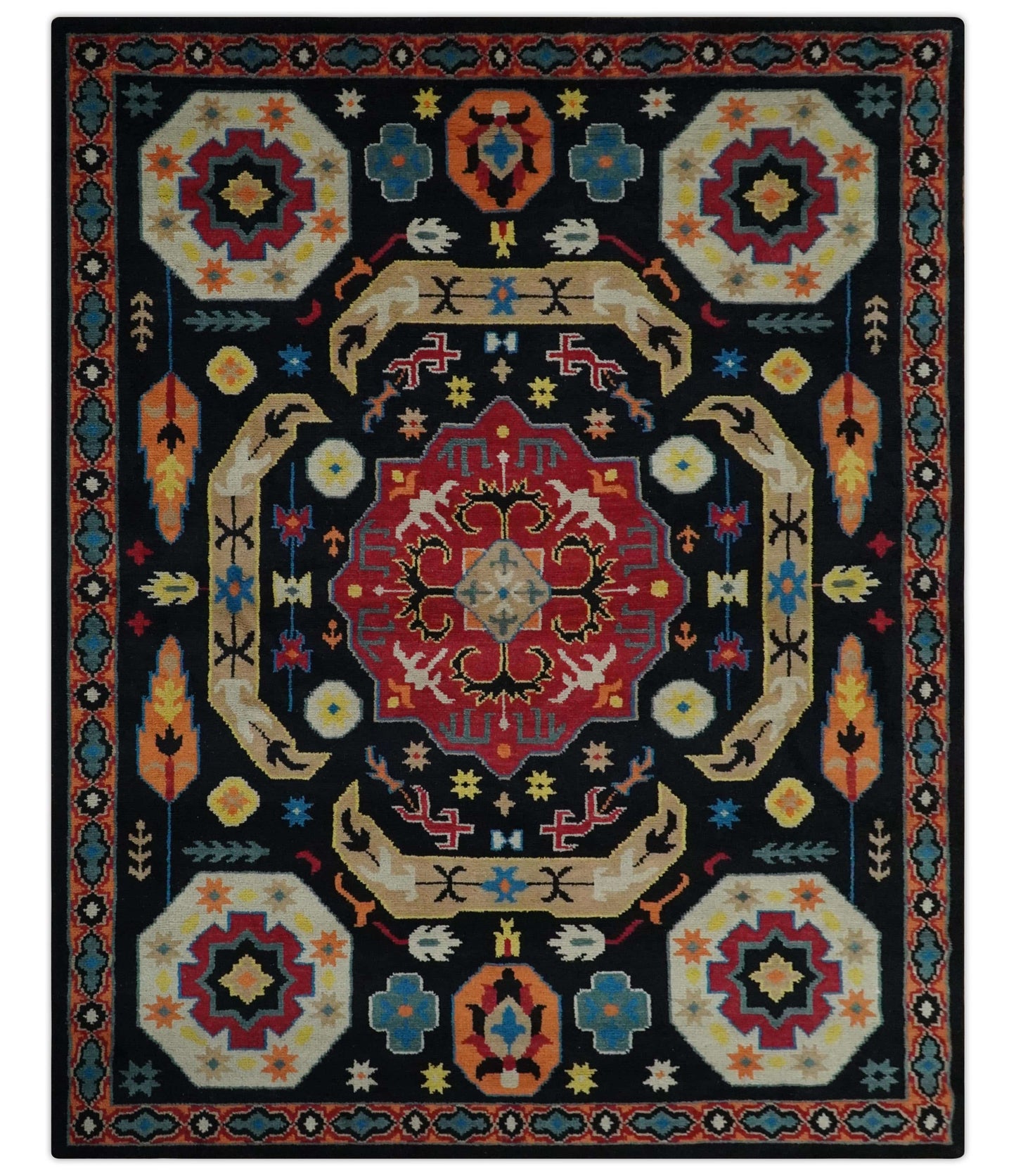 The Rug Decor Area Rug 8x10 Custom Made Colorful Black, Maroon and Beige Traditional Mamluk Design wool Rug Custom Made Colorful Black, Maroon and Beige Traditional Mamluk Design wool Rug