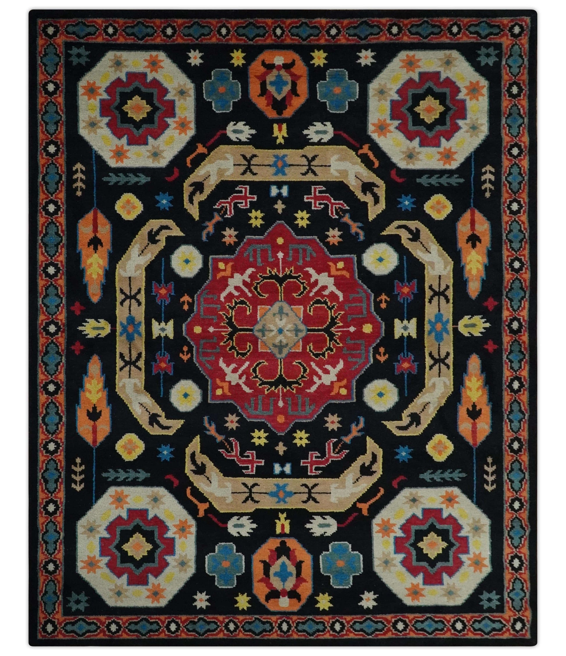 The Rug Decor Area Rug 8x10 Custom Made Colorful Black, Maroon and Beige Traditional Mamluk Design wool Rug Custom Made Colorful Black, Maroon and Beige Traditional Mamluk Design wool Rug