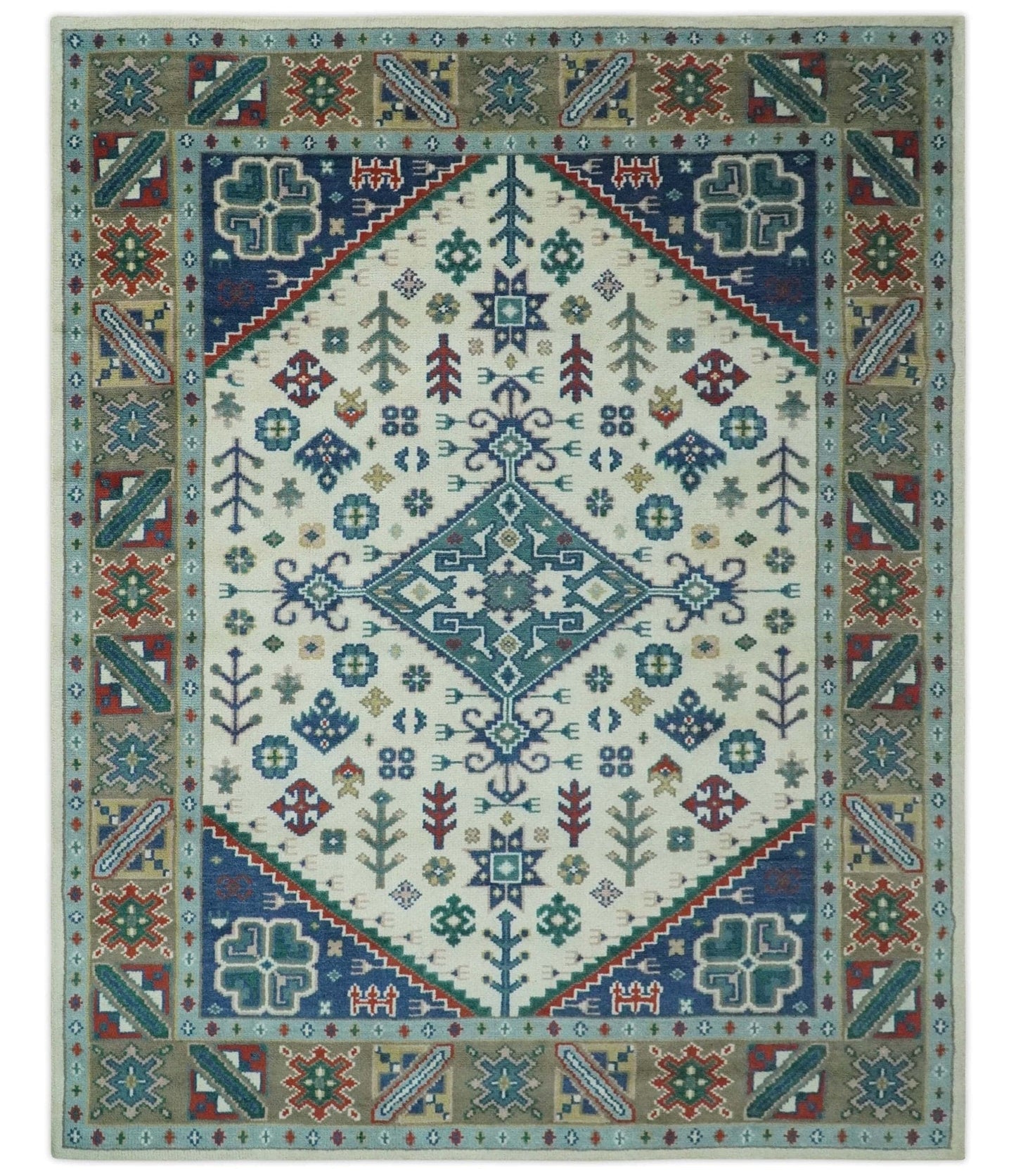 The Rug Decor Area Rug 8x10 Custom Made Colorful Ivory, Blue, Brown and Teal Hand Knotted Traditional Heriz size wool Area Rug Custom Made Colorful Ivory, Blue, Brown and Teal Hand Knotted Traditional Heriz size wool Area Rug
