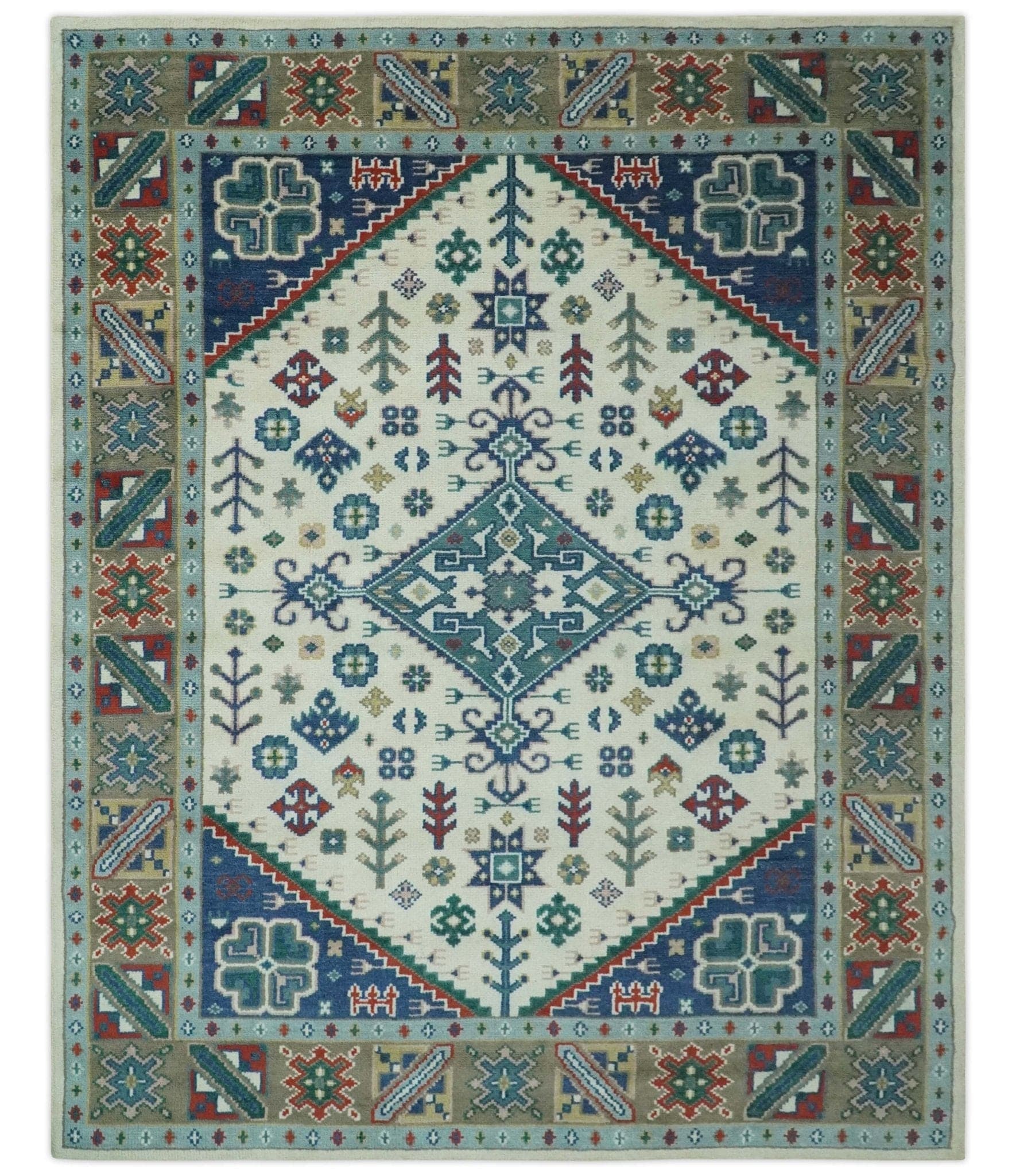 The Rug Decor Area Rug 8x10 Custom Made Colorful Ivory, Blue, Brown and Teal Hand Knotted Traditional Heriz size wool Area Rug Custom Made Colorful Ivory, Blue, Brown and Teal Hand Knotted Traditional Heriz size wool Area Rug