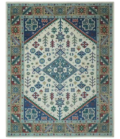 The Rug Decor Area Rug 8x10 Custom Made Colorful Ivory, Blue, Brown and Teal Hand Knotted Traditional Heriz size wool Area Rug Custom Made Colorful Ivory, Blue, Brown and Teal Hand Knotted Traditional Heriz size wool Area Rug