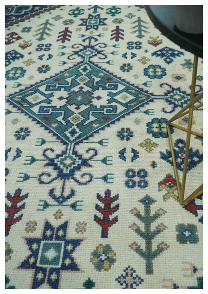 The Rug Decor Area Rug Custom Made Colorful Ivory, Blue, Brown and Teal Hand Knotted Traditional Heriz size wool Area Rug Custom Made Colorful Ivory, Blue, Brown and Teal Hand Knotted Traditional Heriz size wool Area Rug
