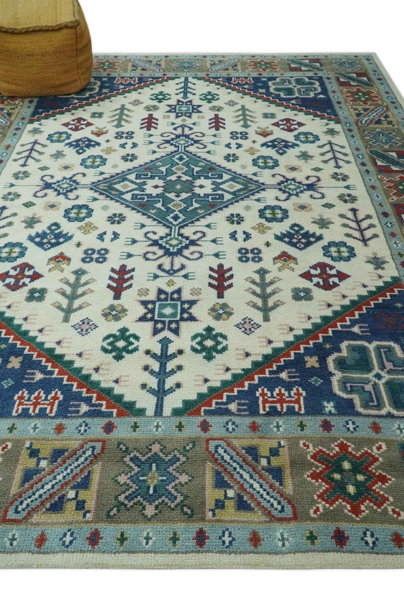The Rug Decor Area Rug Custom Made Colorful Ivory, Blue, Brown and Teal Hand Knotted Traditional Heriz size wool Area Rug Custom Made Colorful Ivory, Blue, Brown and Teal Hand Knotted Traditional Heriz size wool Area Rug