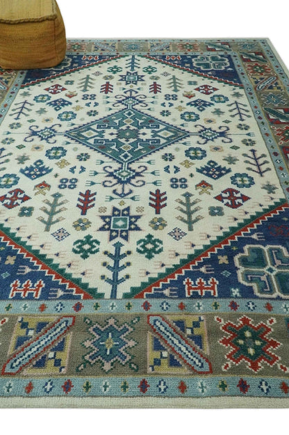 The Rug Decor Area Rug Custom Made Colorful Ivory, Blue, Brown and Teal Hand Knotted Traditional Heriz size wool Area Rug Custom Made Colorful Ivory, Blue, Brown and Teal Hand Knotted Traditional Heriz size wool Area Rug