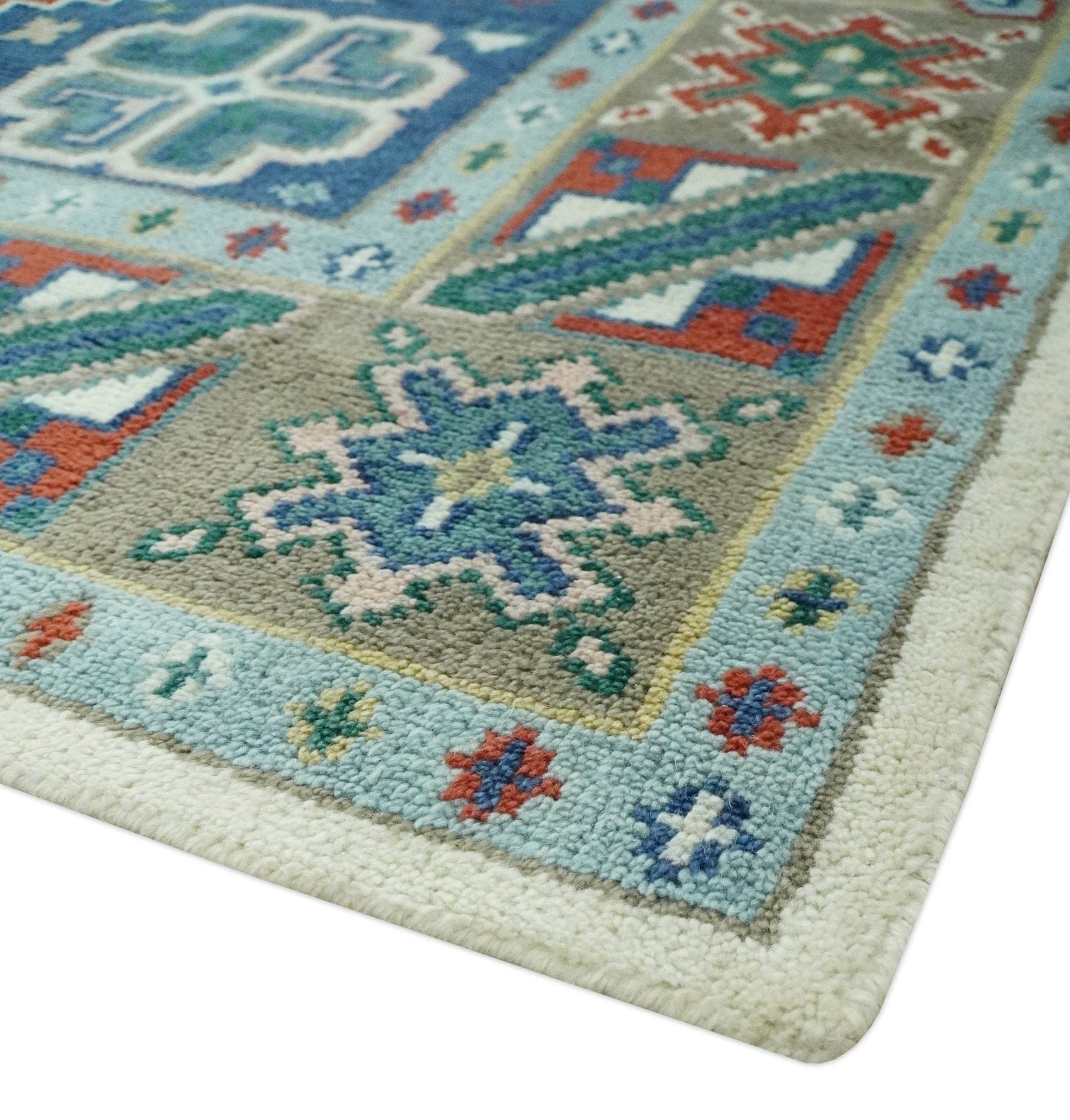 The Rug Decor Area Rug Custom Made Colorful Ivory, Blue, Brown and Teal Hand Knotted Traditional Heriz size wool Area Rug Custom Made Colorful Ivory, Blue, Brown and Teal Hand Knotted Traditional Heriz size wool Area Rug