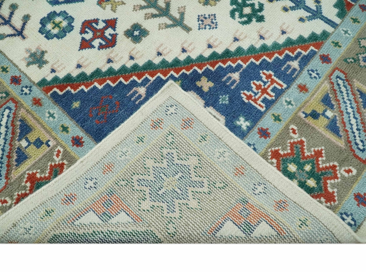The Rug Decor Area Rug Custom Made Colorful Ivory, Blue, Brown and Teal Hand Knotted Traditional Heriz size wool Area Rug Custom Made Colorful Ivory, Blue, Brown and Teal Hand Knotted Traditional Heriz size wool Area Rug