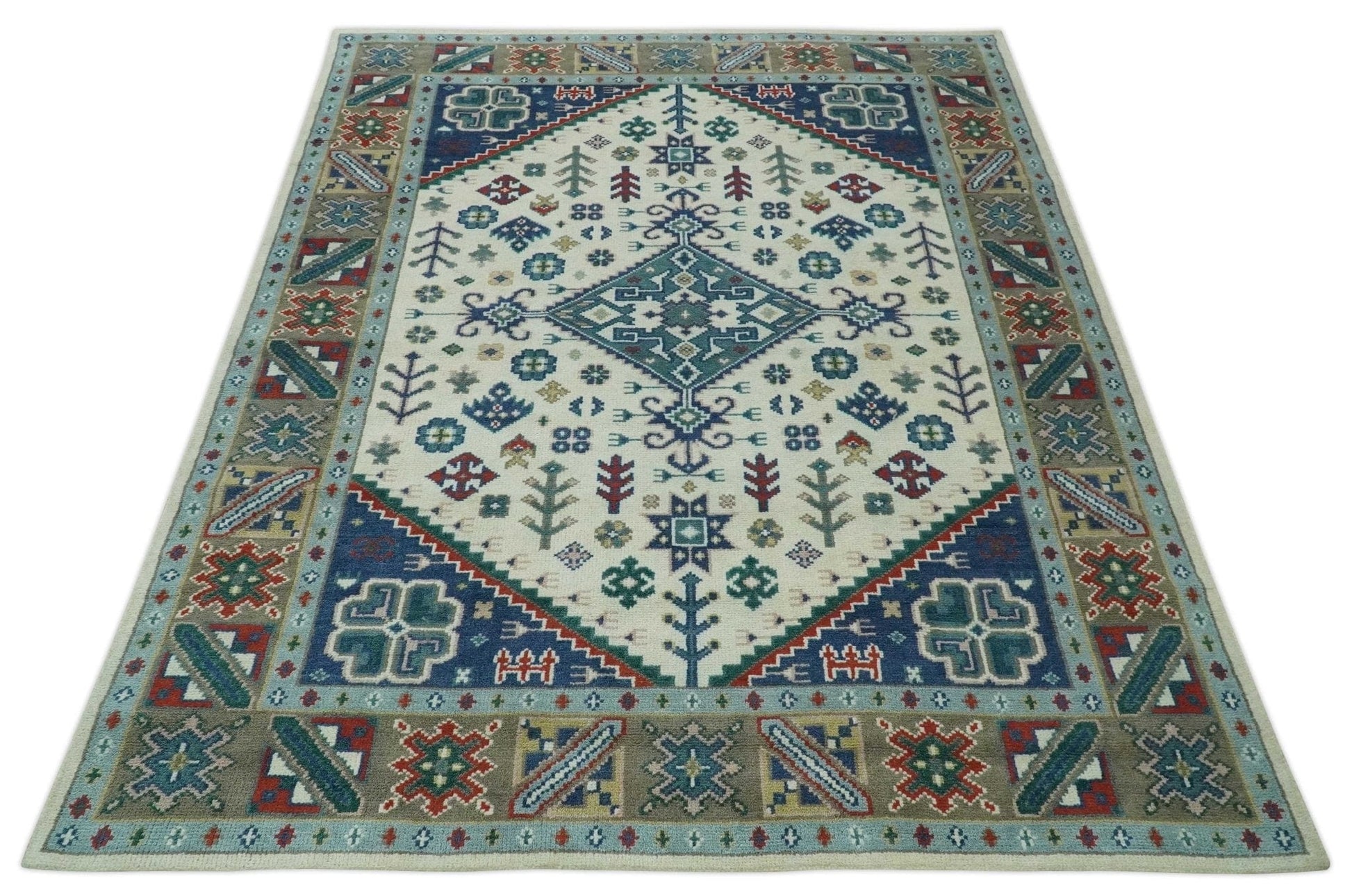 The Rug Decor Area Rug Custom Made Colorful Ivory, Blue, Brown and Teal Hand Knotted Traditional Heriz size wool Area Rug Custom Made Colorful Ivory, Blue, Brown and Teal Hand Knotted Traditional Heriz size wool Area Rug