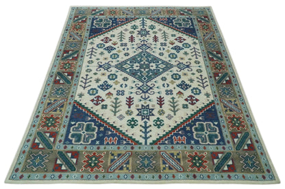 The Rug Decor Area Rug Custom Made Colorful Ivory, Blue, Brown and Teal Hand Knotted Traditional Heriz size wool Area Rug Custom Made Colorful Ivory, Blue, Brown and Teal Hand Knotted Traditional Heriz size wool Area Rug