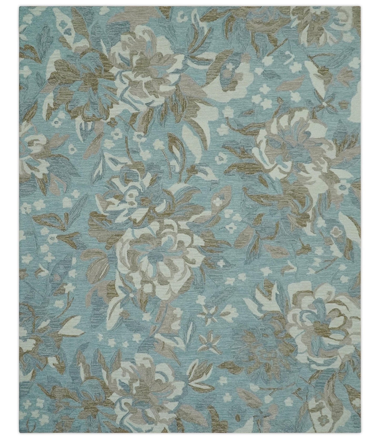 The Rug Decor Area Rug 8x10 Custom Made Elegant Blue, Ivory and Olive Floral Design Hand Tufted wool Rug Custom Made Elegant Blue, Ivory and Olive Floral Design Hand Tufted wool Rug