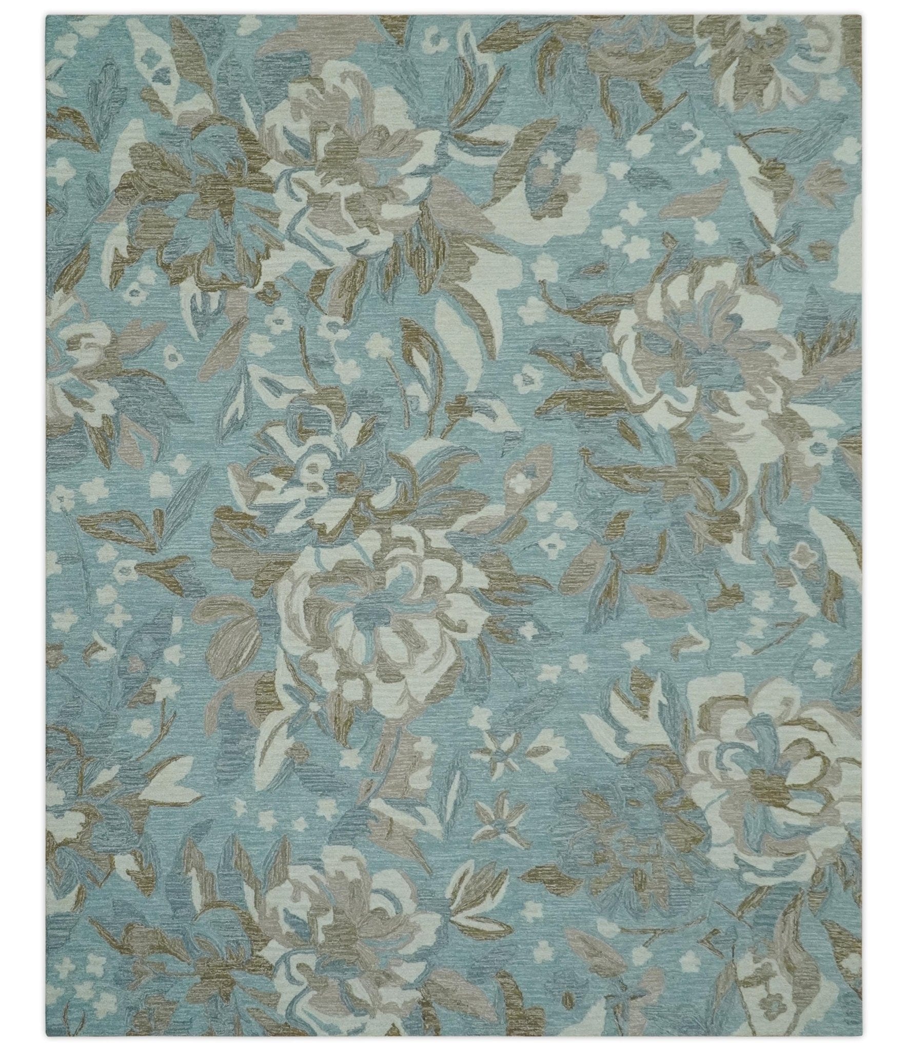 The Rug Decor Area Rug 8x10 Custom Made Elegant Blue, Ivory and Olive Floral Design Hand Tufted wool Rug Custom Made Elegant Blue, Ivory and Olive Floral Design Hand Tufted wool Rug