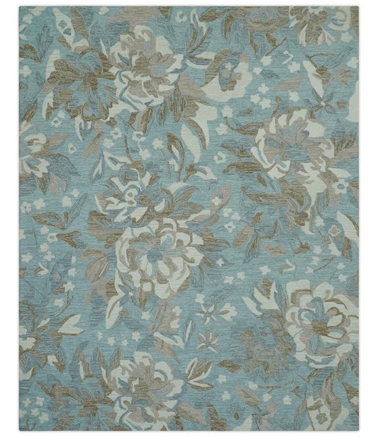 The Rug Decor Area Rug 8x10 Custom Made Elegant Blue, Ivory and Olive Floral Design Hand Tufted wool Rug Custom Made Elegant Blue, Ivory and Olive Floral Design Hand Tufted wool Rug