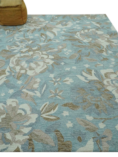 The Rug Decor Area Rug Custom Made Elegant Blue, Ivory and Olive Floral Design Hand Tufted wool Rug Custom Made Elegant Blue, Ivory and Olive Floral Design Hand Tufted wool Rug
