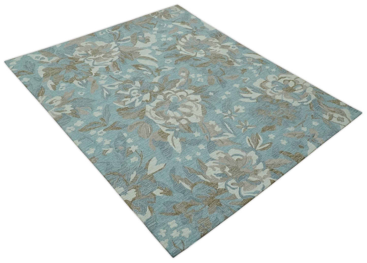 The Rug Decor Area Rug Custom Made Elegant Blue, Ivory and Olive Floral Design Hand Tufted wool Rug Custom Made Elegant Blue, Ivory and Olive Floral Design Hand Tufted wool Rug