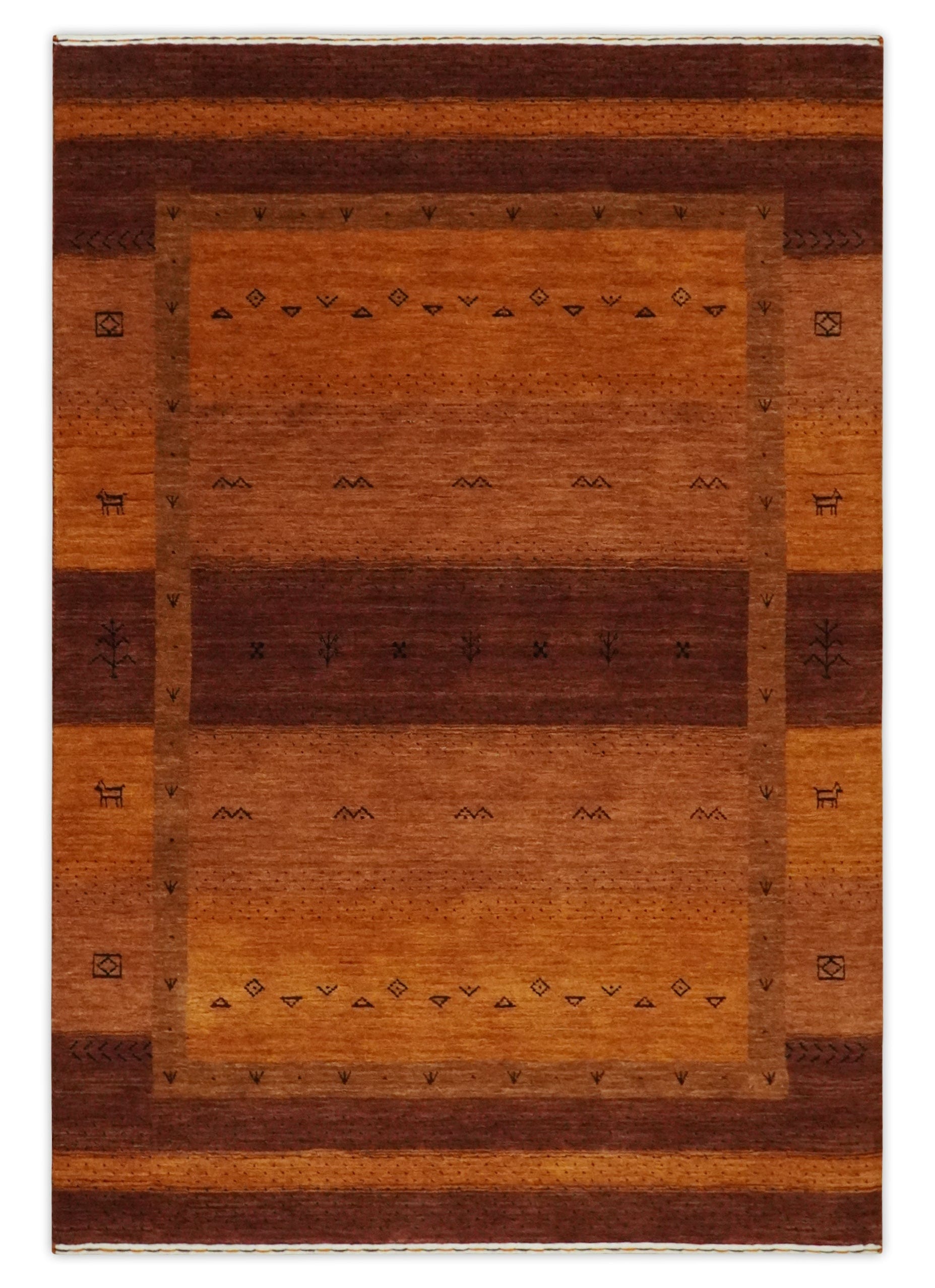 Lengthwise Detailed Rug Style Custom Made geometrical Stripes Design Rust and Brown Hand loom wool ...