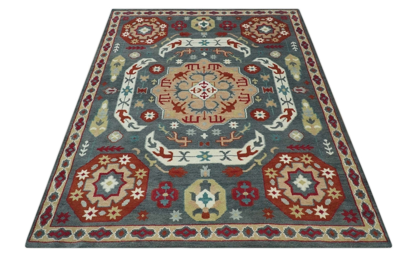 The Rug Decor Area Rug Custom Made Gray, Rust and Peach Traditional Medallion Mamluk Design wool Rug Custom Made Gray, Rust and Peach Traditional Medallion Mamluk Design wool Rug