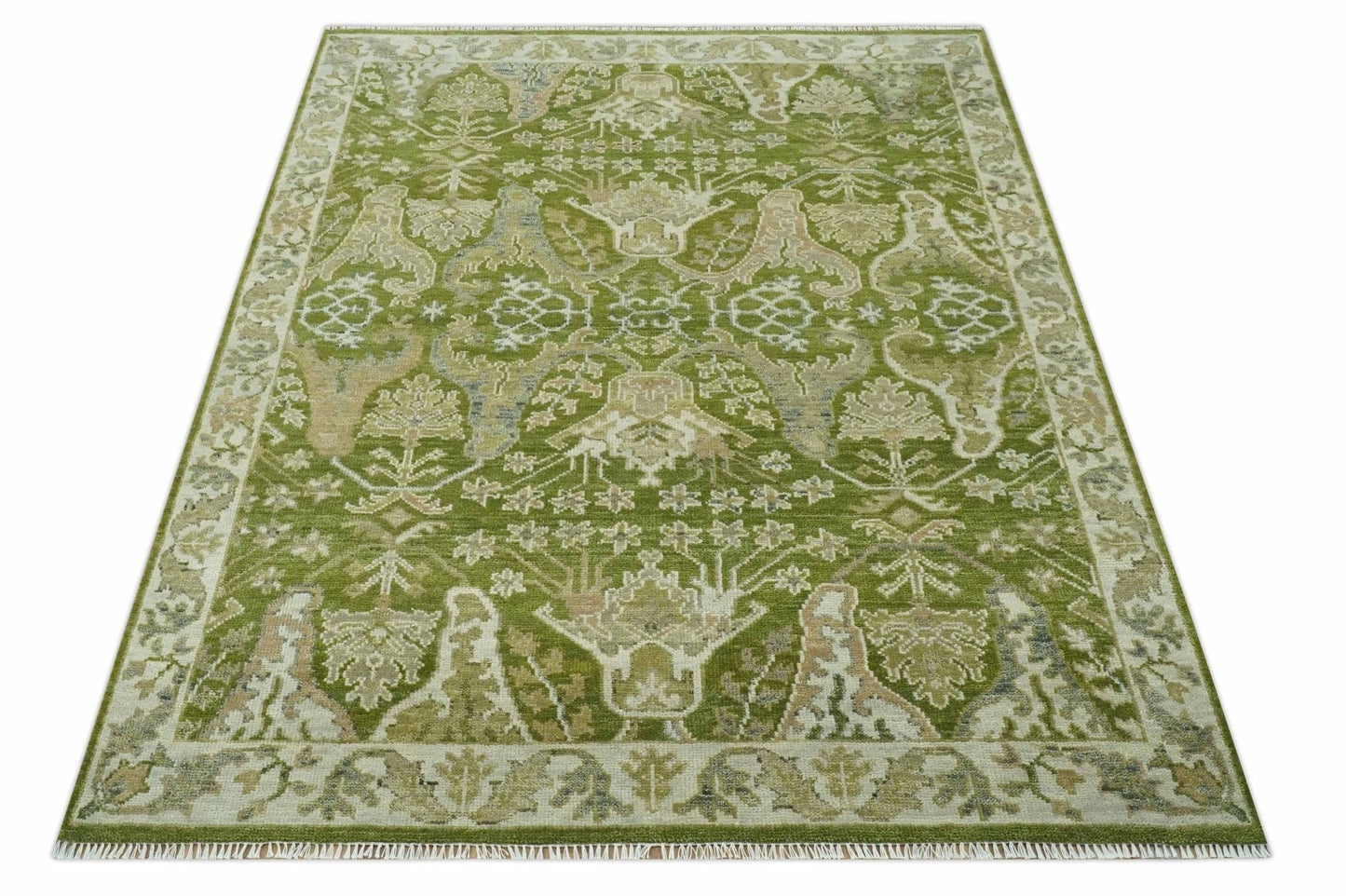 The Rug Decor Area Rug Custom Made Green and Ivory Traditional Dragon Oushak Design Hand knotted wool rug Custom Made Green and Ivory Traditional Dragon Oushak Design Hand knotted wool rug