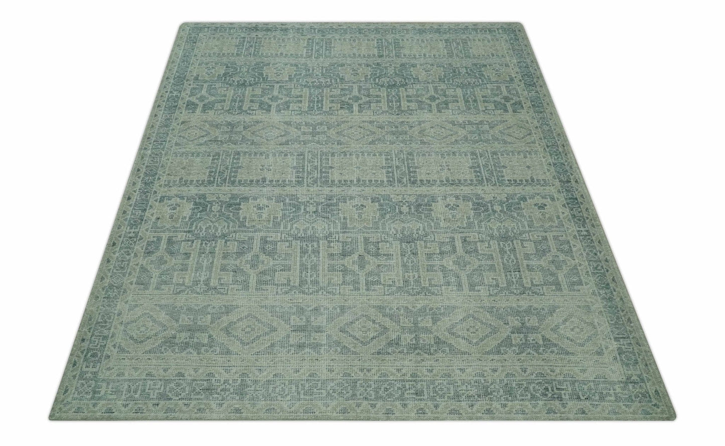 The Rug Decor Area Rug Custom Made Green, Gray, Beige and Silver Hand Knotted Tribal Design wool area rug Custom Made Green, Gray, Beige and Silver Hand Knotted Tribal Design wool area rug