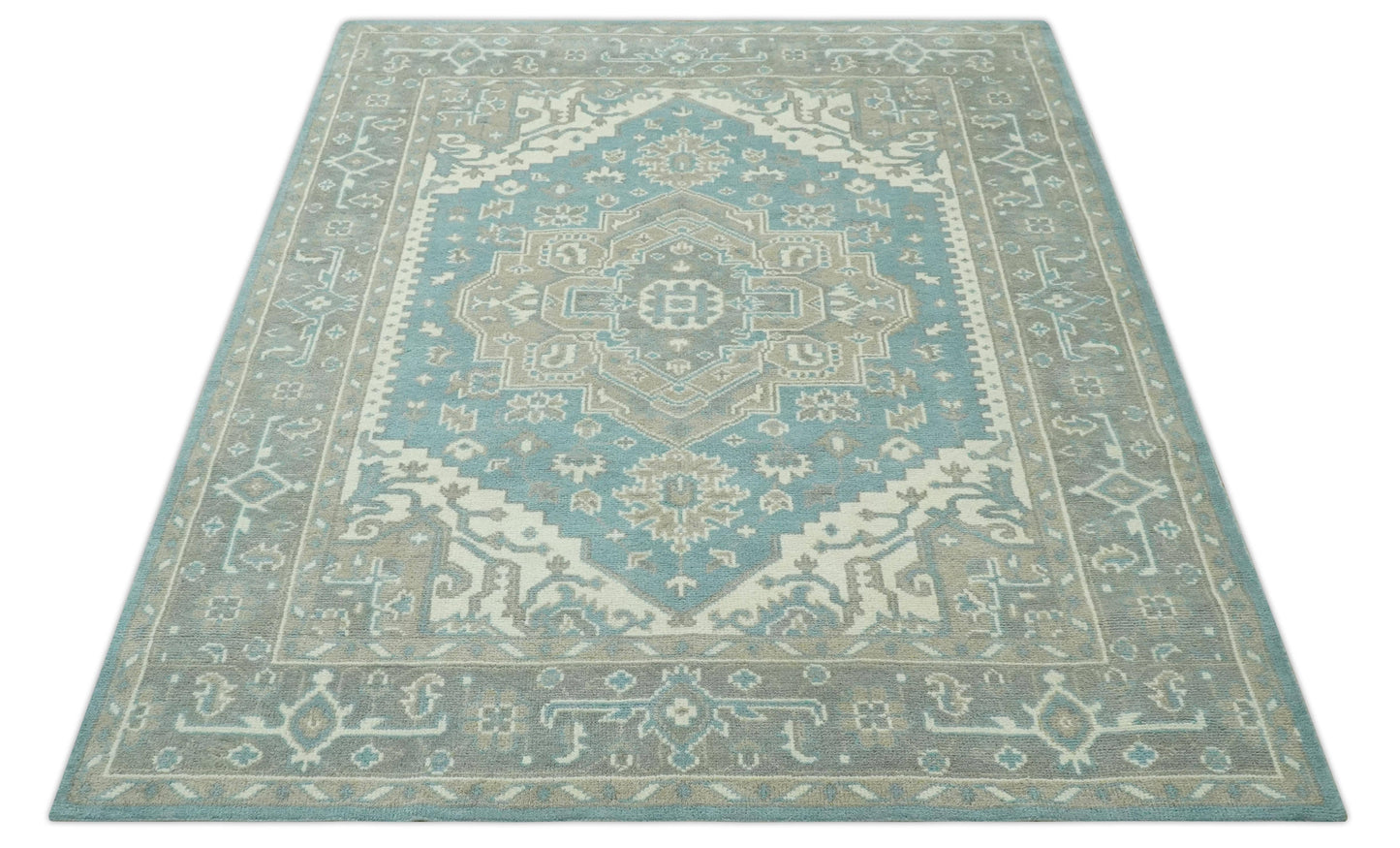 The Rug Decor Area Rug Custom Made Hand Knotted Blue, Ivory, Camel and Gray Traditional Heriz wool rug Custom Made Hand Knotted Blue, Ivory, Camel and Gray Traditional Heriz wool rug