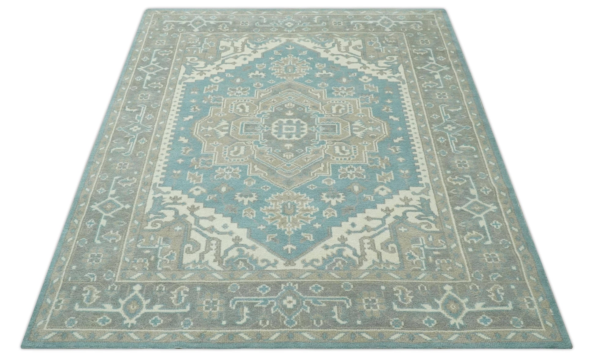 The Rug Decor Area Rug Custom Made Hand Knotted Blue, Ivory, Camel and Gray Traditional Heriz wool rug Custom Made Hand Knotted Blue, Ivory, Camel and Gray Traditional Heriz wool rug