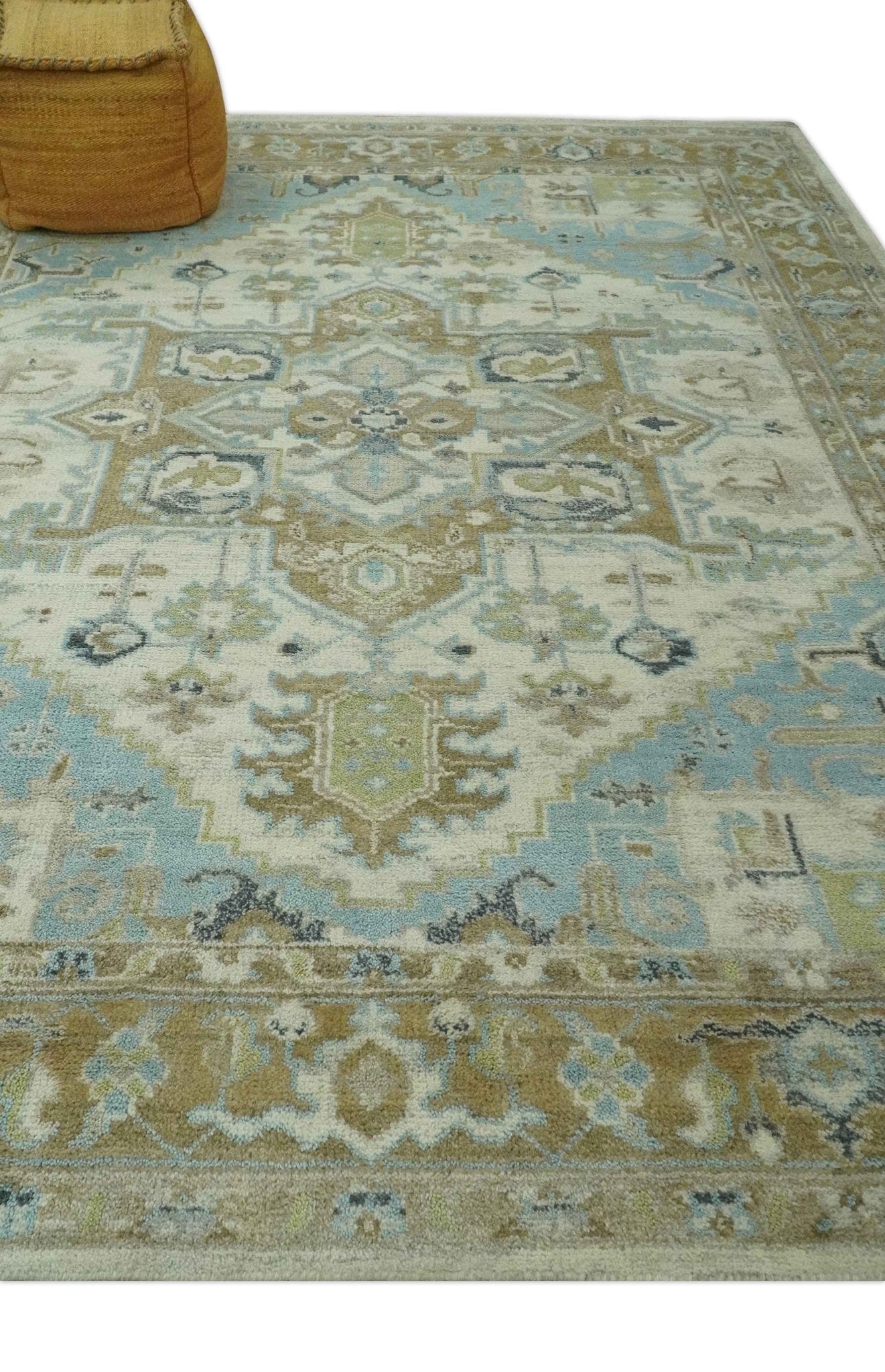 The Rug Decor Area Rug Custom Made Hand Knotted Ivory, Olive and Light Blue Traditional Wool Area Rug Custom Made Hand Knotted Ivory, Olive and Light Blue Traditional Wool Area Rug