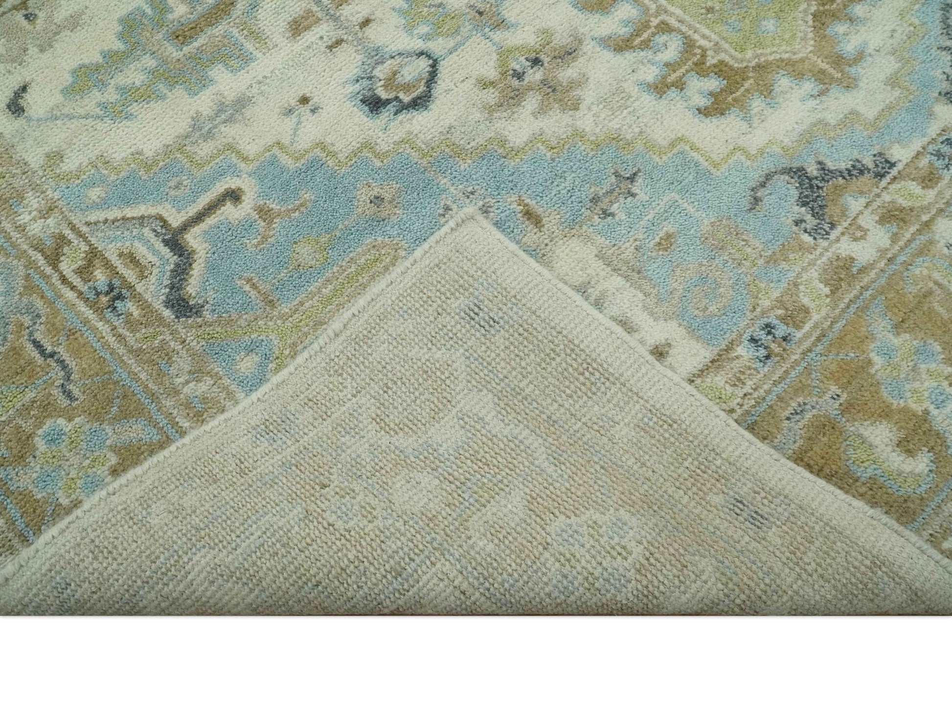 The Rug Decor Area Rug Custom Made Hand Knotted Ivory, Olive and Light Blue Traditional Wool Area Rug Custom Made Hand Knotted Ivory, Olive and Light Blue Traditional Wool Area Rug