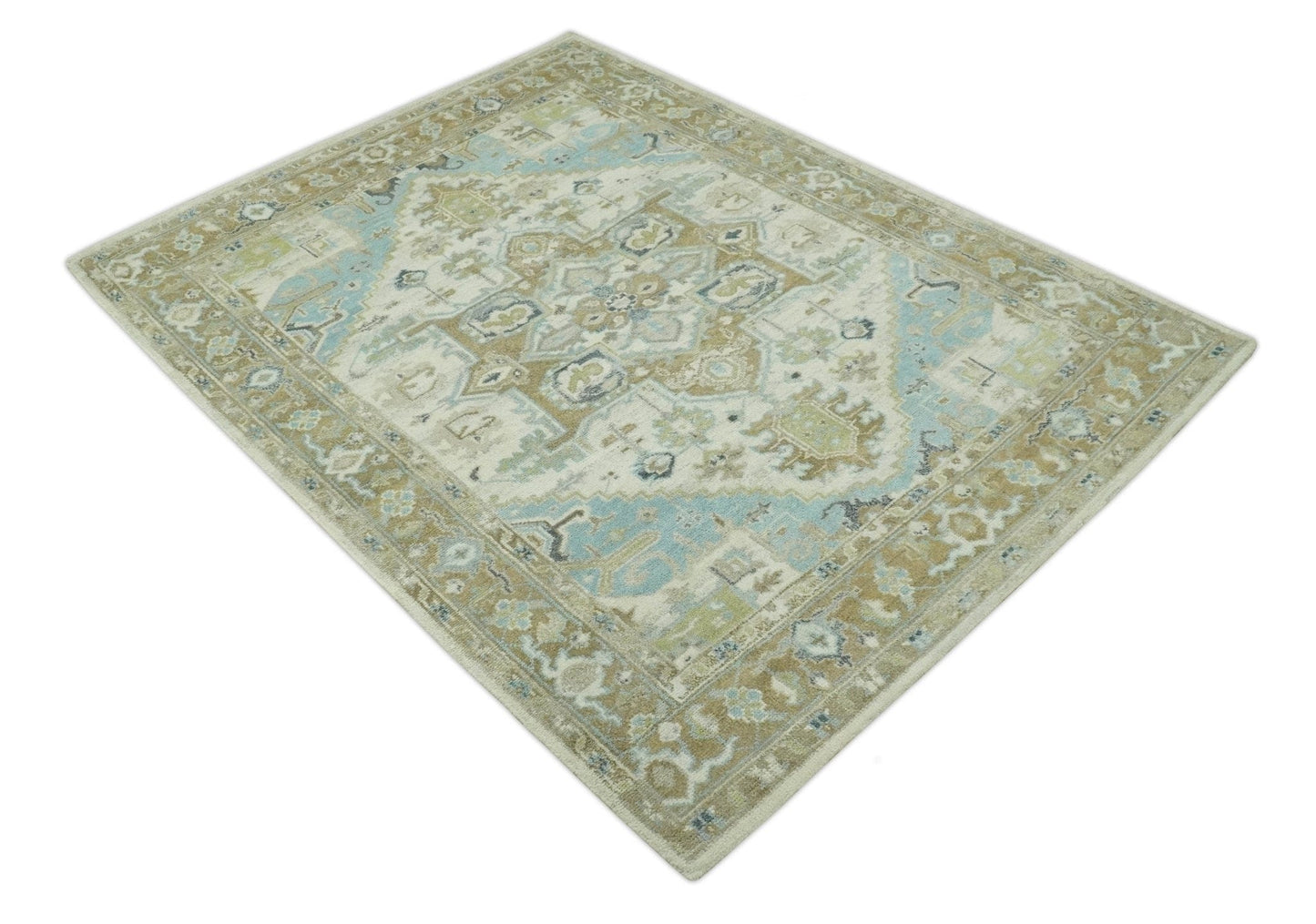 The Rug Decor Area Rug Custom Made Hand Knotted Ivory, Olive and Light Blue Traditional Wool Area Rug Custom Made Hand Knotted Ivory, Olive and Light Blue Traditional Wool Area Rug