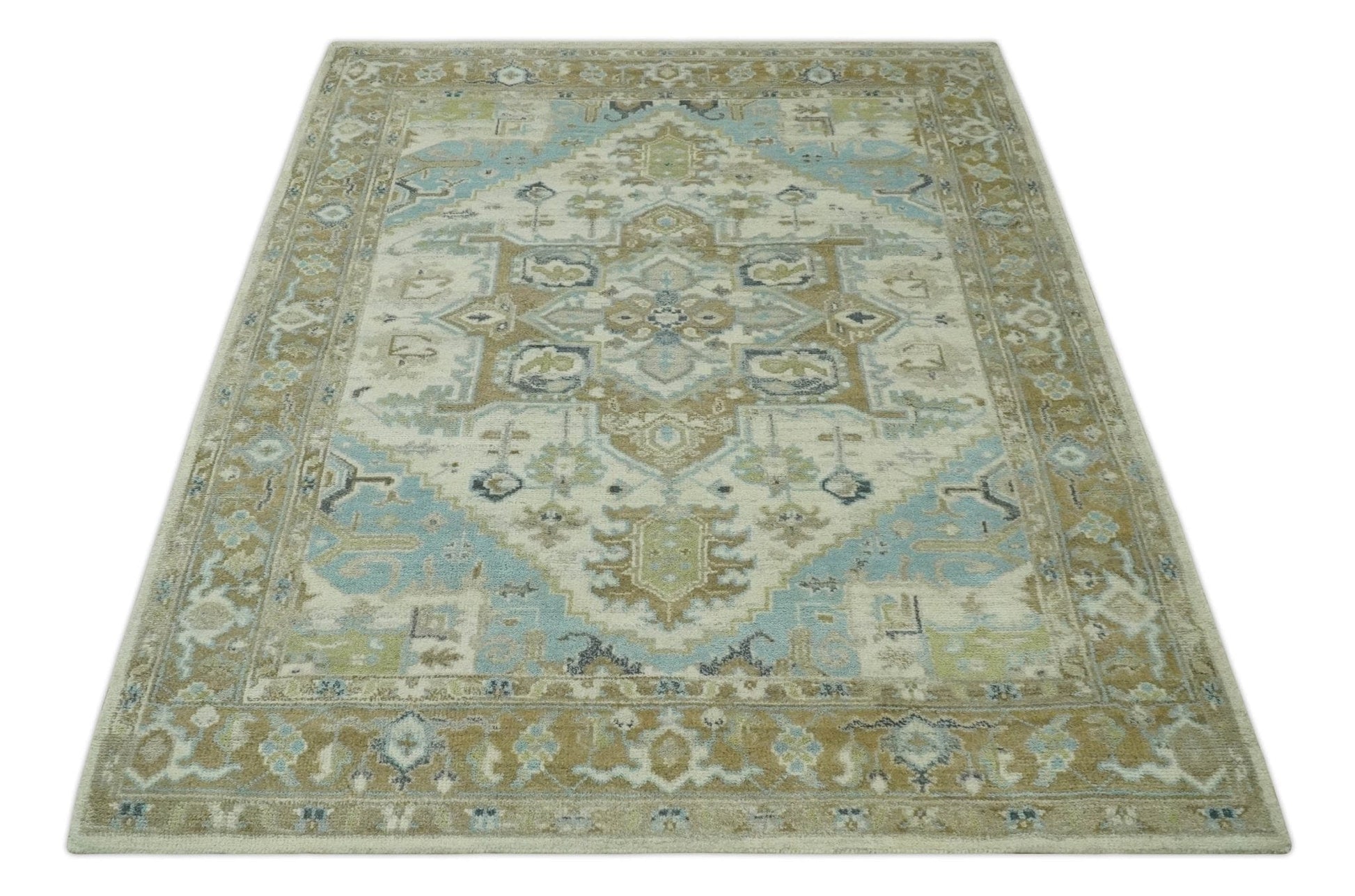 The Rug Decor Area Rug Custom Made Hand Knotted Ivory, Olive and Light Blue Traditional Wool Area Rug Custom Made Hand Knotted Ivory, Olive and Light Blue Traditional Wool Area Rug