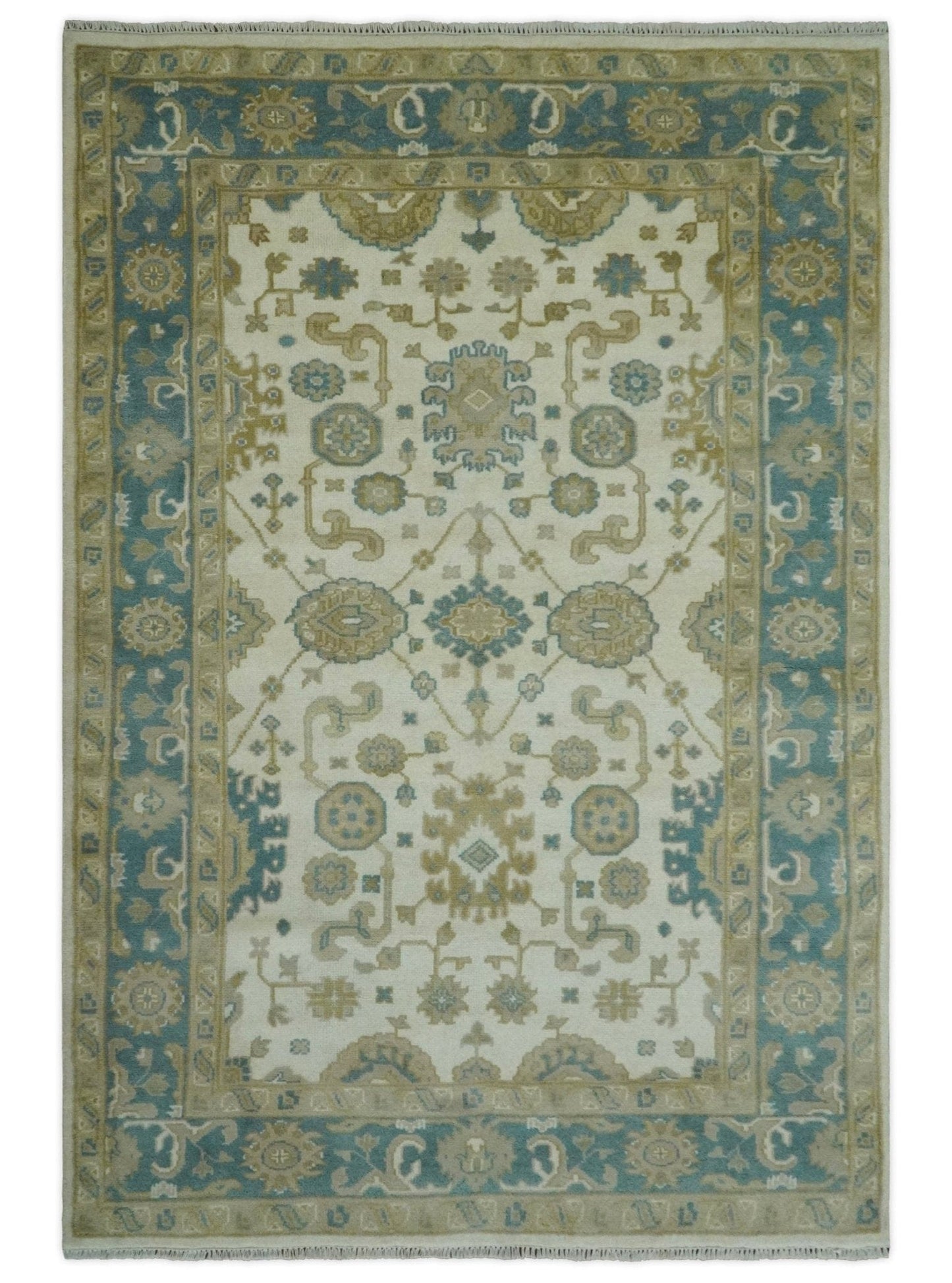The Rug Decor Area Rug 6x9 Custom Made Hand Knotted Ivory, Teal and Olive Traditional Oriental Oushak wool rug Custom Made Hand Knotted Ivory, Teal and Olive Traditional Oriental Oushak wool rug