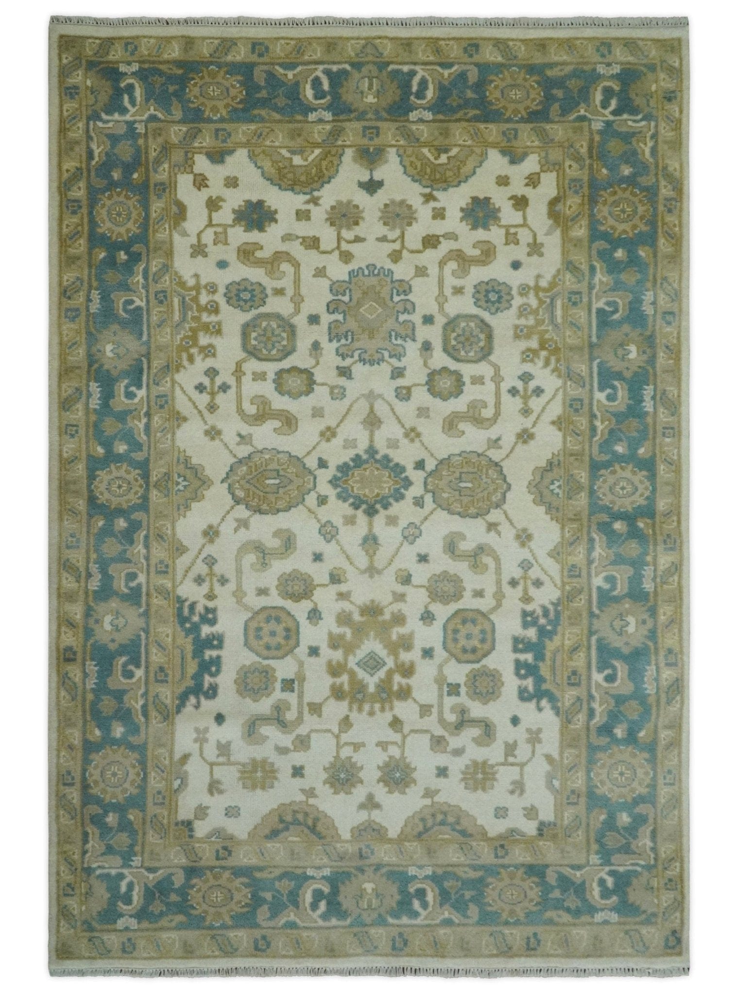 The Rug Decor Area Rug 6x9 Custom Made Hand Knotted Ivory, Teal and Olive Traditional Oriental Oushak wool rug Custom Made Hand Knotted Ivory, Teal and Olive Traditional Oriental Oushak wool rug