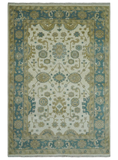 The Rug Decor Area Rug 6x9 Custom Made Hand Knotted Ivory, Teal and Olive Traditional Oriental Oushak wool rug Custom Made Hand Knotted Ivory, Teal and Olive Traditional Oriental Oushak wool rug