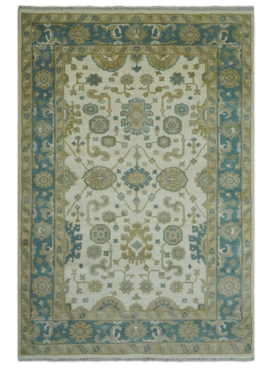 The Rug Decor Area Rug 6x9 Custom Made Hand Knotted Ivory, Teal and Olive Traditional Oriental Oushak wool rug Custom Made Hand Knotted Ivory, Teal and Olive Traditional Oriental Oushak wool rug