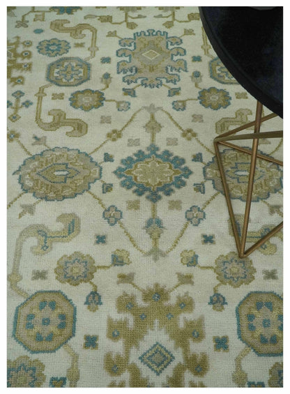 The Rug Decor Area Rug Custom Made Hand Knotted Ivory, Teal and Olive Traditional Oriental Oushak wool rug Custom Made Hand Knotted Ivory, Teal and Olive Traditional Oriental Oushak wool rug