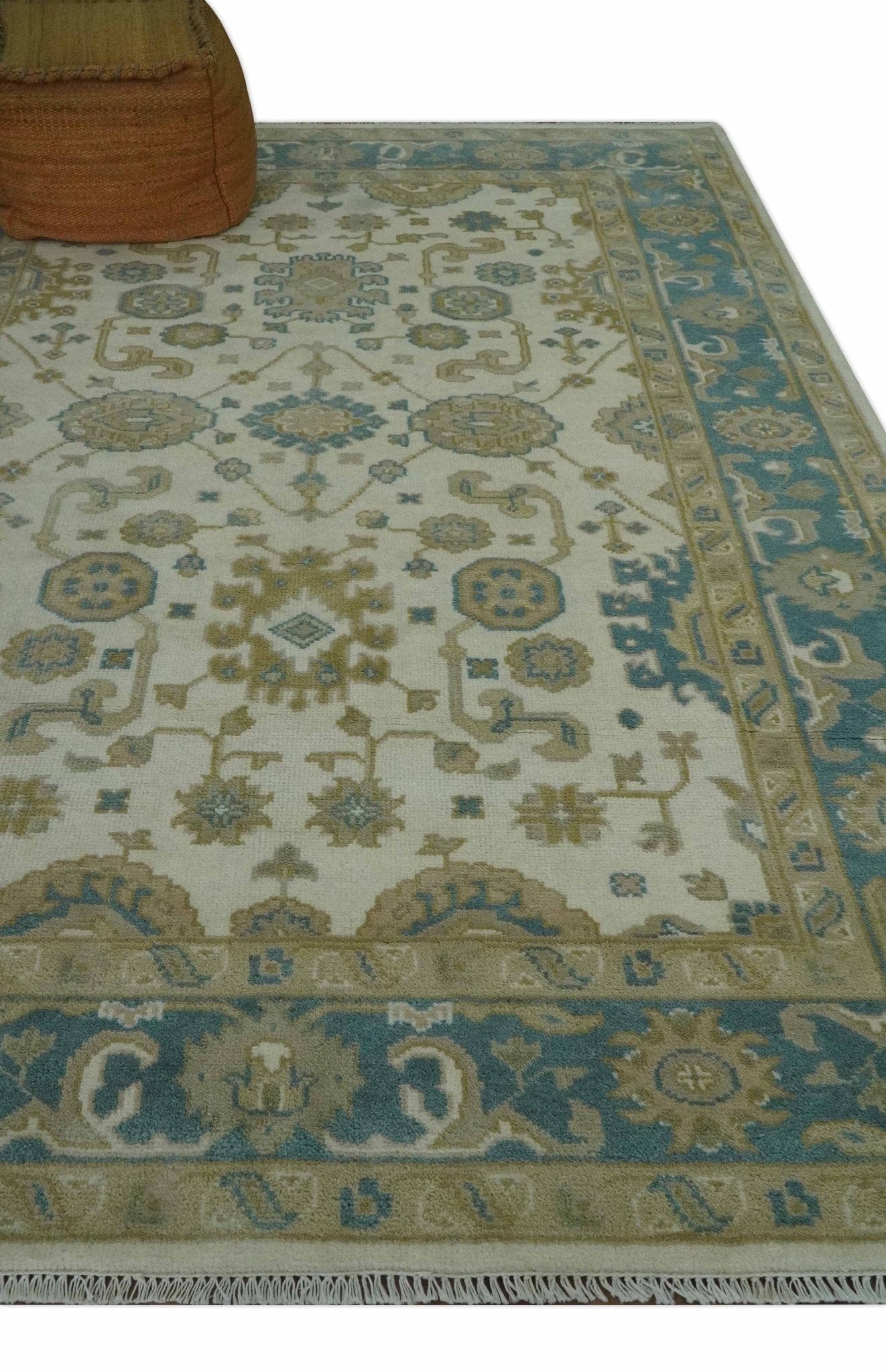 The Rug Decor Area Rug Custom Made Hand Knotted Ivory, Teal and Olive Traditional Oriental Oushak wool rug Custom Made Hand Knotted Ivory, Teal and Olive Traditional Oriental Oushak wool rug