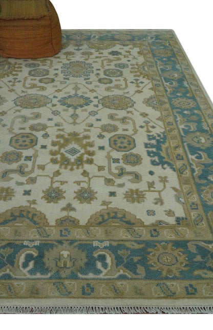The Rug Decor Area Rug Custom Made Hand Knotted Ivory, Teal and Olive Traditional Oriental Oushak wool rug Custom Made Hand Knotted Ivory, Teal and Olive Traditional Oriental Oushak wool rug