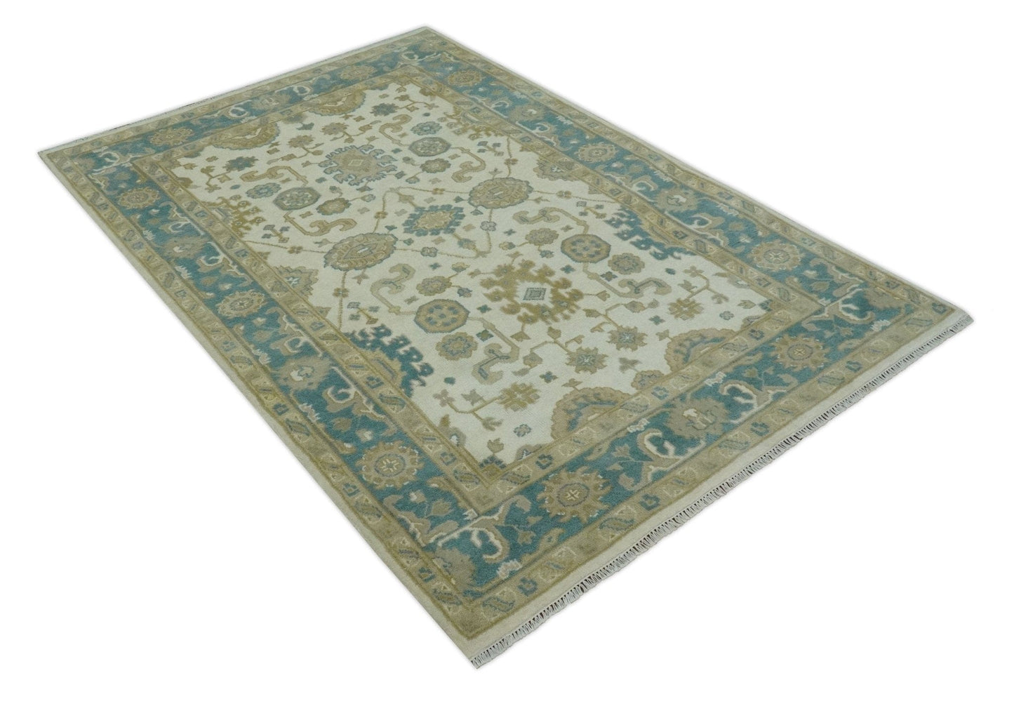 The Rug Decor Area Rug Custom Made Hand Knotted Ivory, Teal and Olive Traditional Oriental Oushak wool rug Custom Made Hand Knotted Ivory, Teal and Olive Traditional Oriental Oushak wool rug