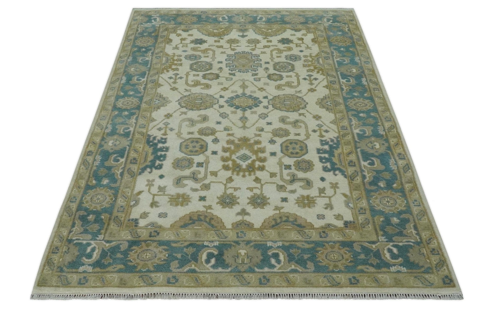 The Rug Decor Area Rug Custom Made Hand Knotted Ivory, Teal and Olive Traditional Oriental Oushak wool rug Custom Made Hand Knotted Ivory, Teal and Olive Traditional Oriental Oushak wool rug