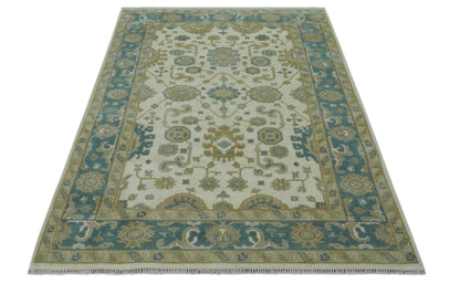 The Rug Decor Area Rug Custom Made Hand Knotted Ivory, Teal and Olive Traditional Oriental Oushak wool rug Custom Made Hand Knotted Ivory, Teal and Olive Traditional Oriental Oushak wool rug