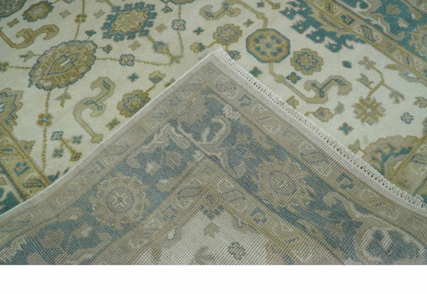 The Rug Decor Area Rug Custom Made Hand Knotted Ivory, Teal and Olive Traditional Oriental Oushak wool rug Custom Made Hand Knotted Ivory, Teal and Olive Traditional Oriental Oushak wool rug
