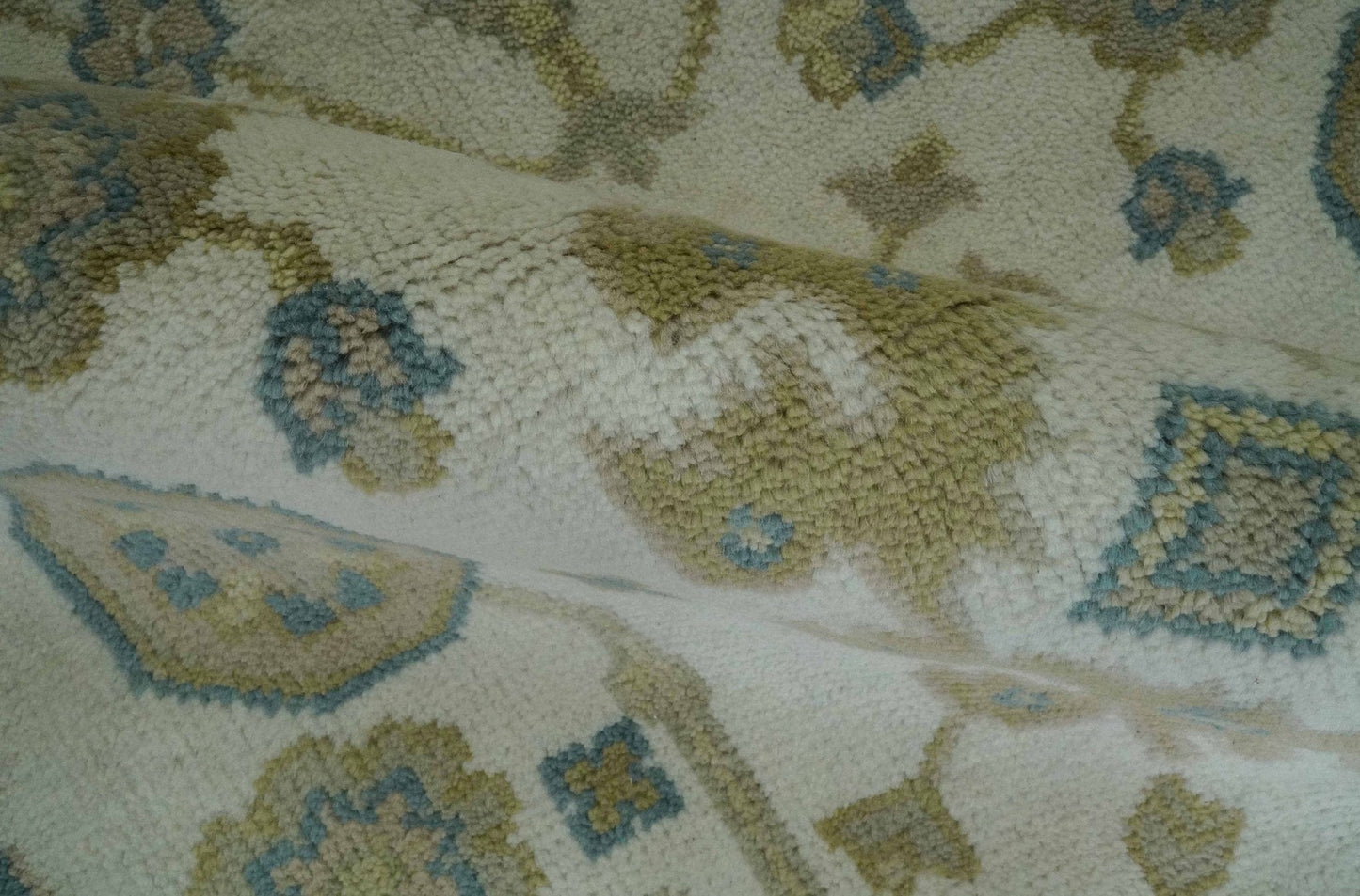 The Rug Decor Area Rug Custom Made Hand Knotted Ivory, Teal and Olive Traditional Oriental Oushak wool rug Custom Made Hand Knotted Ivory, Teal and Olive Traditional Oriental Oushak wool rug