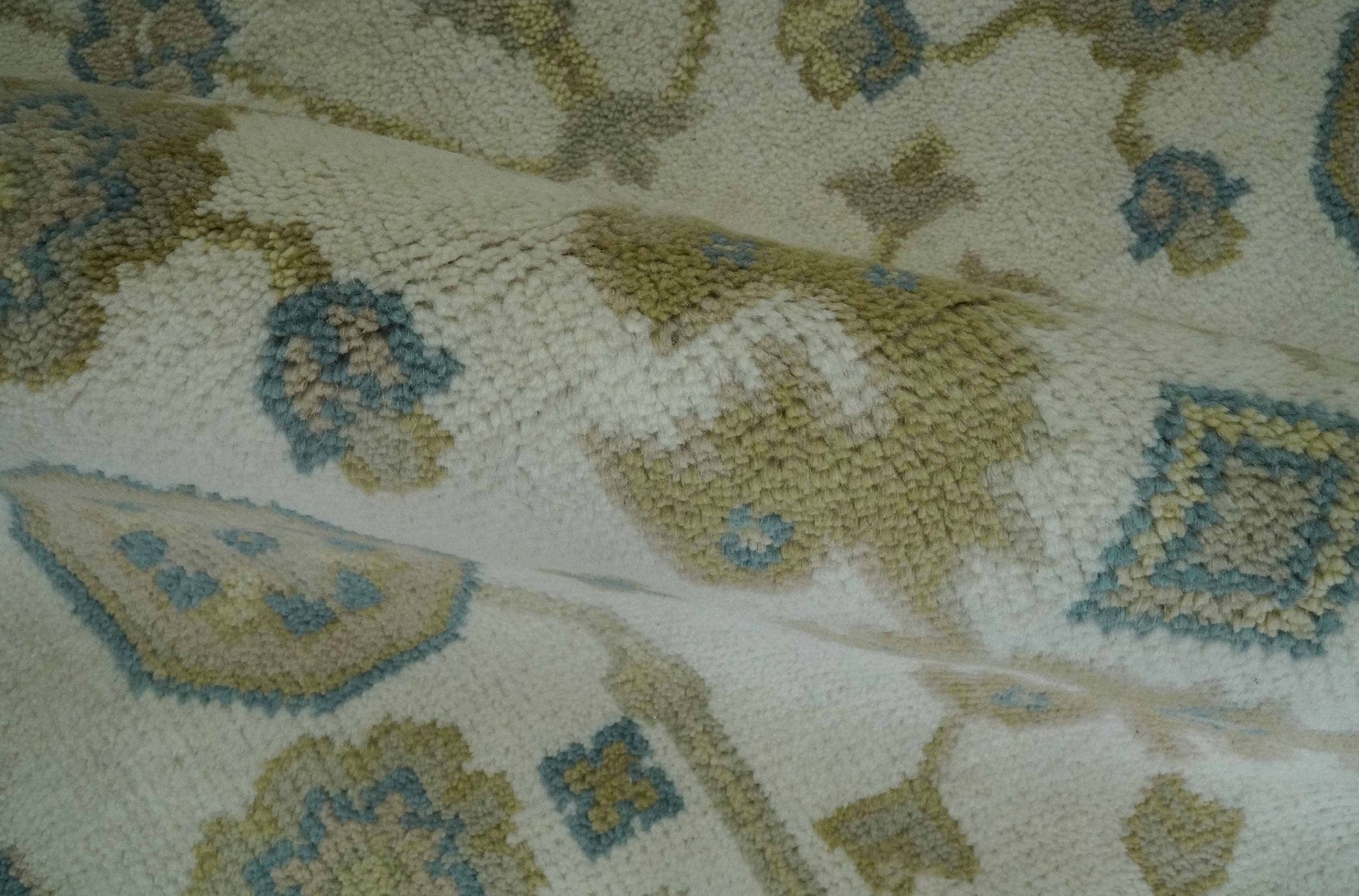 The Rug Decor Area Rug Custom Made Hand Knotted Ivory, Teal and Olive Traditional Oriental Oushak wool rug Custom Made Hand Knotted Ivory, Teal and Olive Traditional Oriental Oushak wool rug