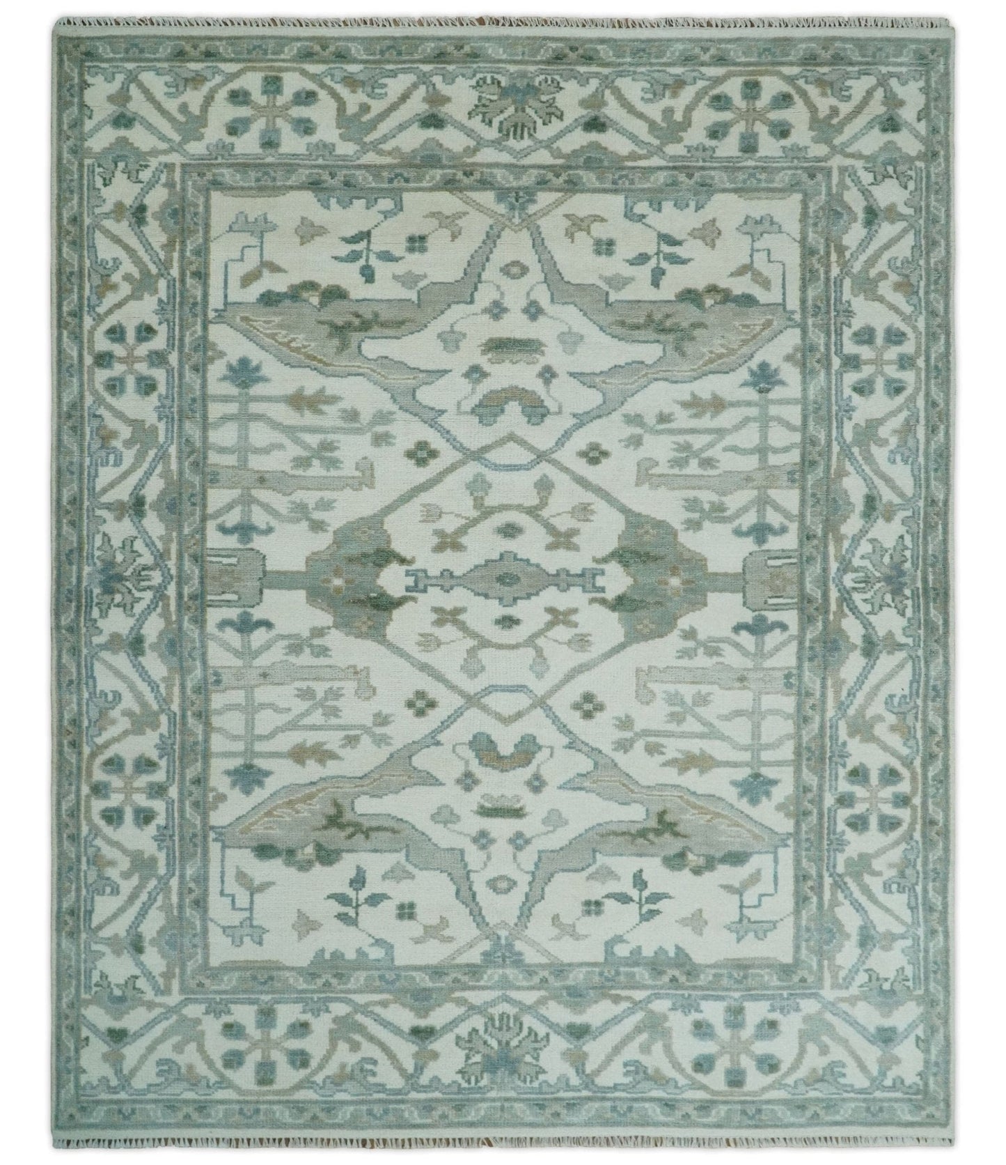 The Rug Decor Area Rug 8x10 Custom Made Hand Knotted Oriental Oushak Ivory and Teal Wool Area Rug Custom Made Hand Knotted Oriental Oushak Ivory and Teal Wool Area Rug