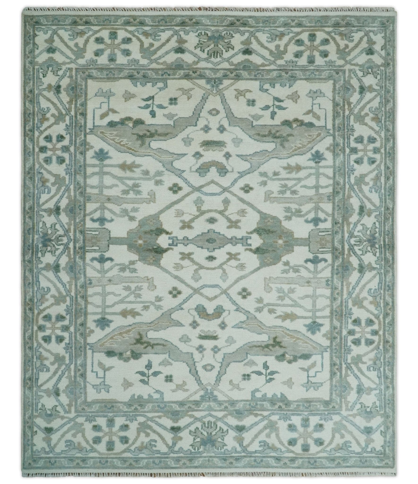 The Rug Decor Area Rug 8x10 Custom Made Hand Knotted Oriental Oushak Ivory and Teal Wool Area Rug Custom Made Hand Knotted Oriental Oushak Ivory and Teal Wool Area Rug