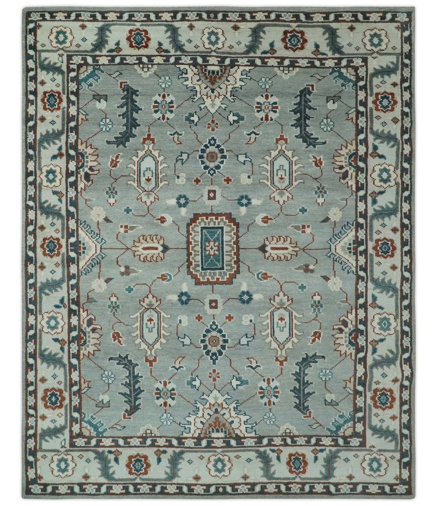 The Rug Decor Area Rug 8x10 Custom Made Hand Knotted Silver, Teal, Ivory and Brown Traditional Oriental Oushak wool area Rug Custom Made Hand Knotted Silver, Teal, Ivory and Brown Traditional Oriental Oushak wool area Rug