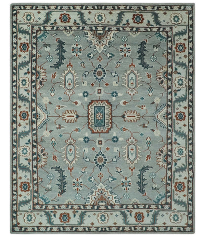 The Rug Decor Area Rug 8x10 Custom Made Hand Knotted Silver, Teal, Ivory and Brown Traditional Oriental Oushak wool area Rug Custom Made Hand Knotted Silver, Teal, Ivory and Brown Traditional Oriental Oushak wool area Rug